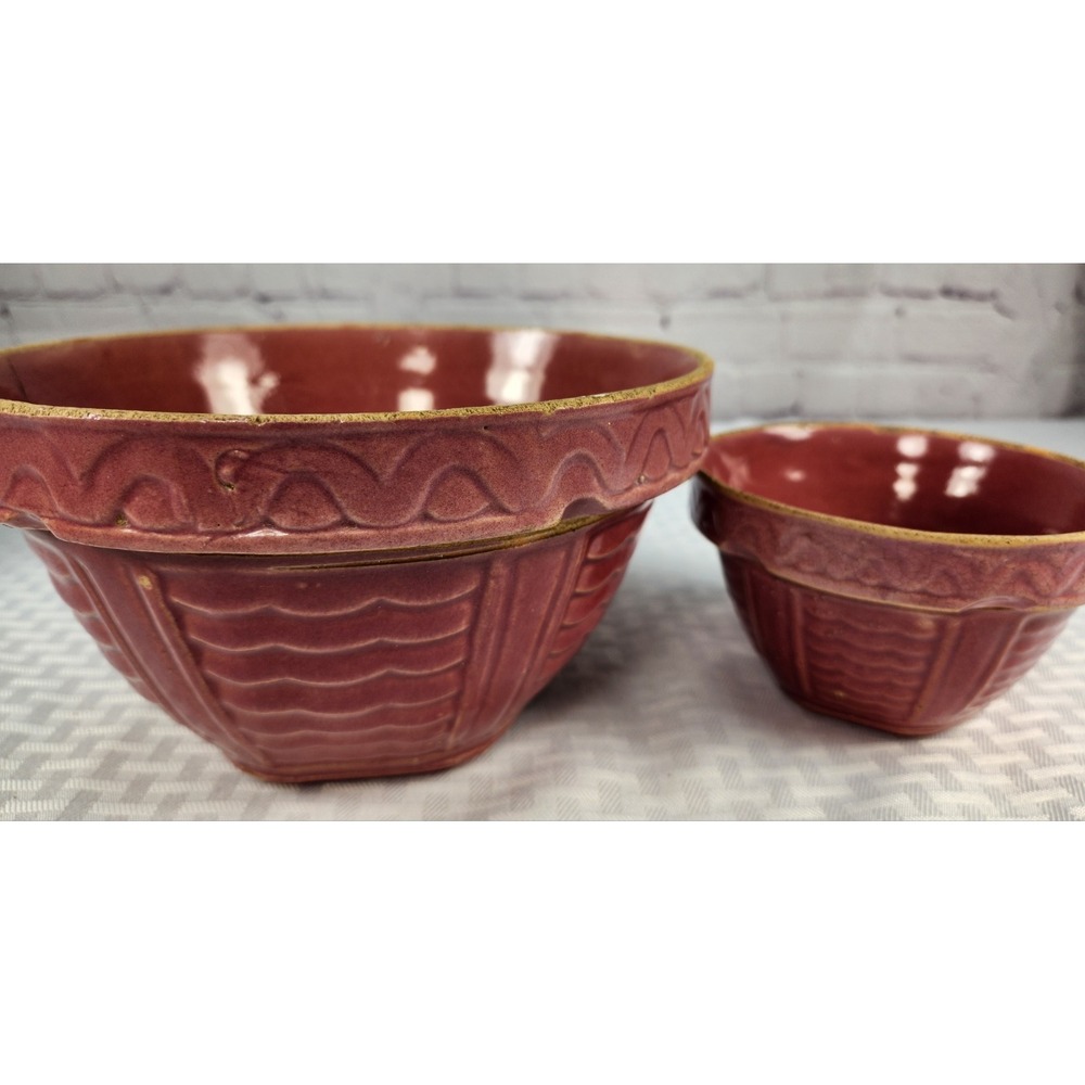 Antique Robinson Ransbottom Burgundy Red Stoneware Pottery Mixing Bowl Set Of 2